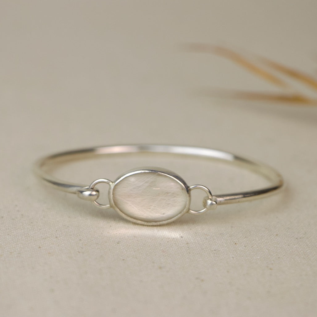 Silver bracelet with a central oval set with dog fur on a beige background